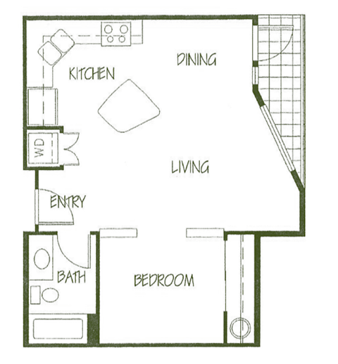 Floor plan for 1 bed, 1 bath, 531 sqft